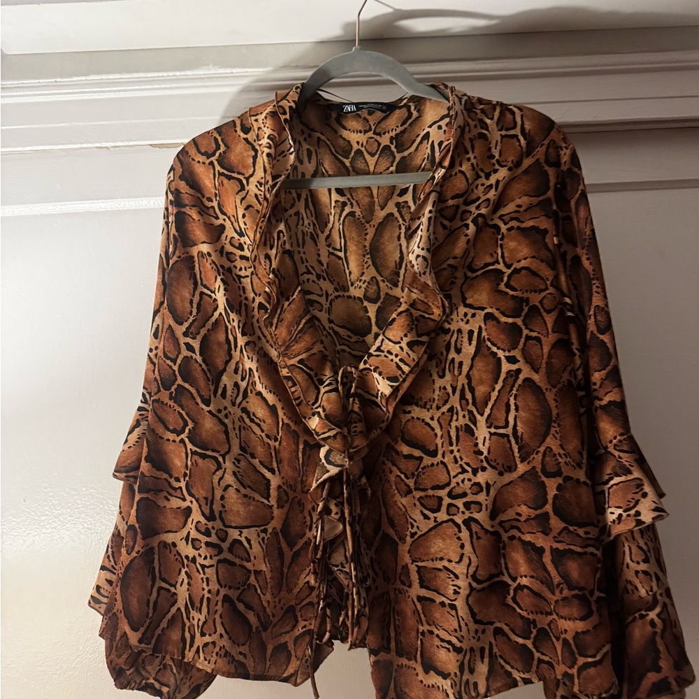 Zara Brown Animal Print Ruffle Blouse